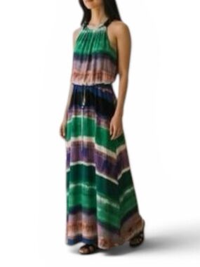 CALVIN KLEIN Green Purple Stripe Halter Maxi Dress